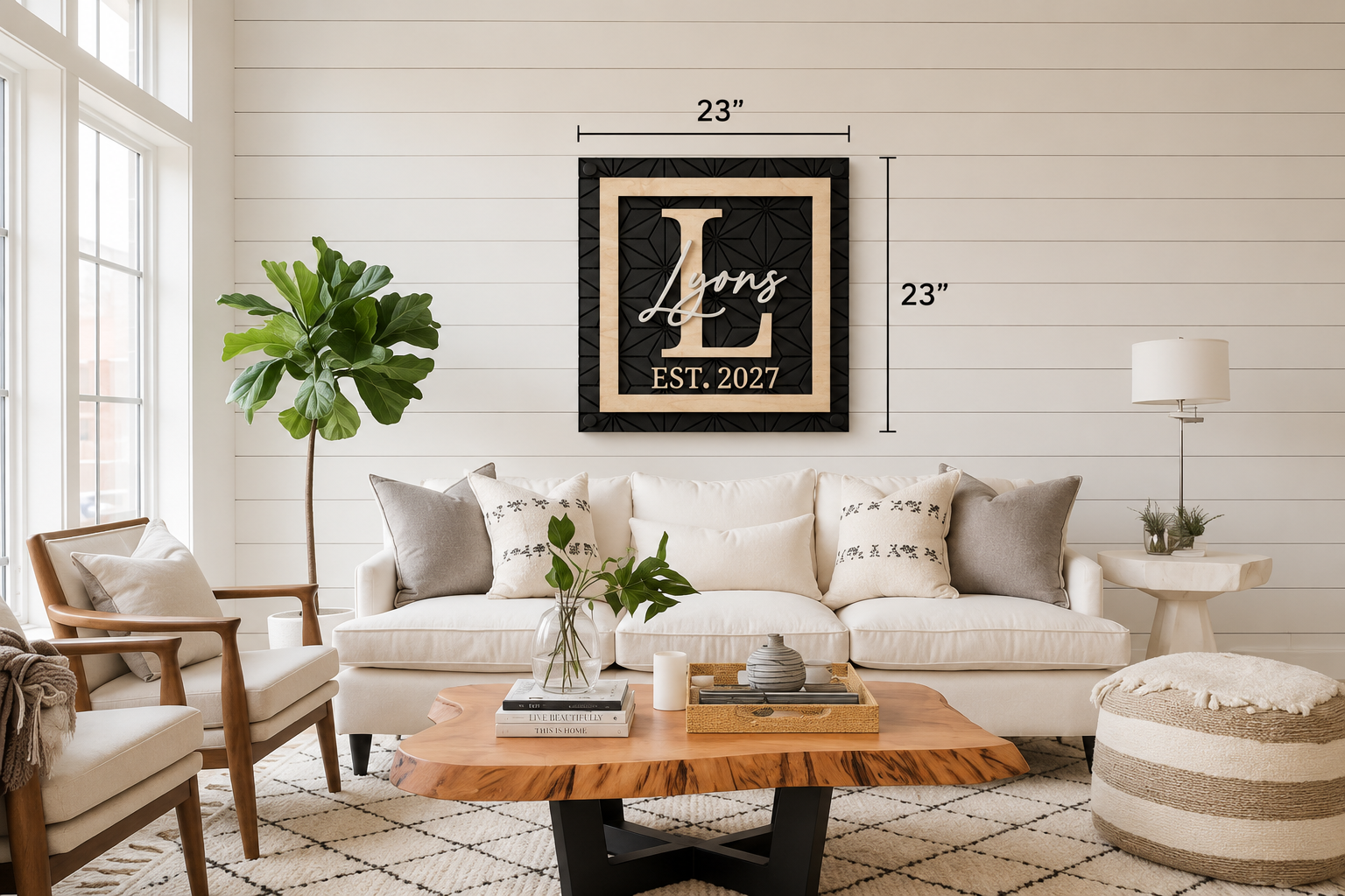 Framed monogram family name sign, black with gold script, EST. 2027; 23 in.