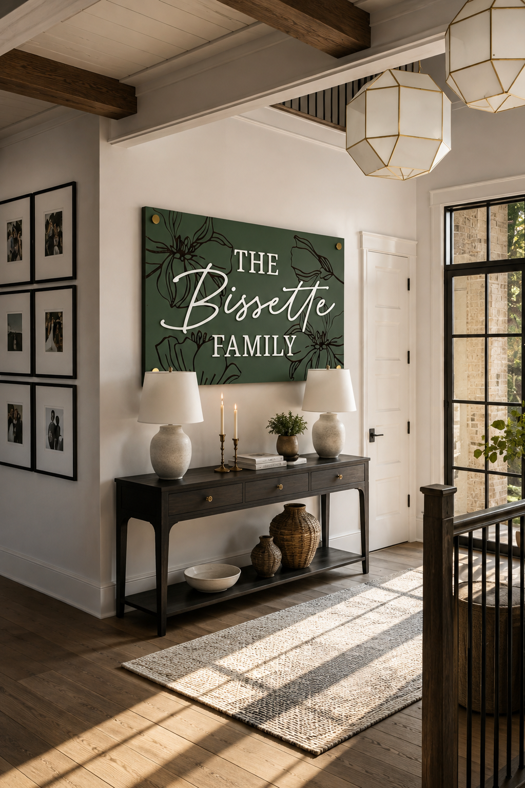 Dark green rectangular family name sign with bird and floral engraving: THE Bissette