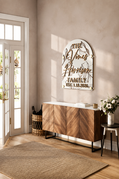 Luxury Floral Engraved Arch Family Name Sign
