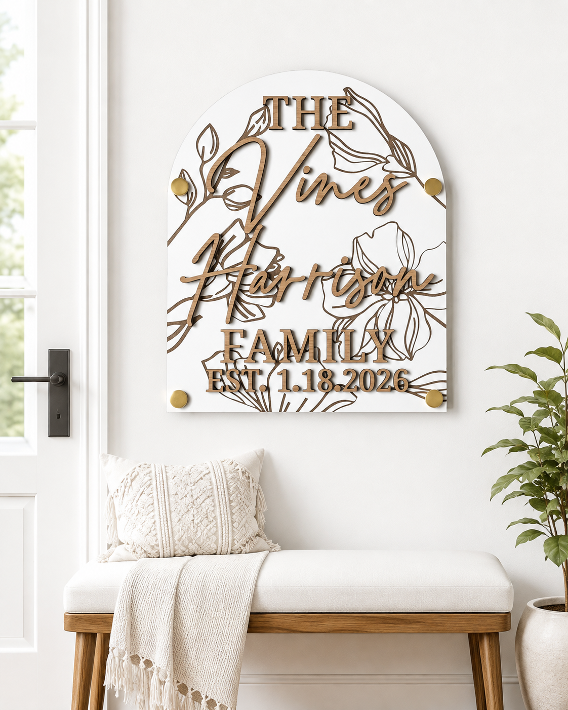 Luxury Floral Engraved Arch Family Name Sign