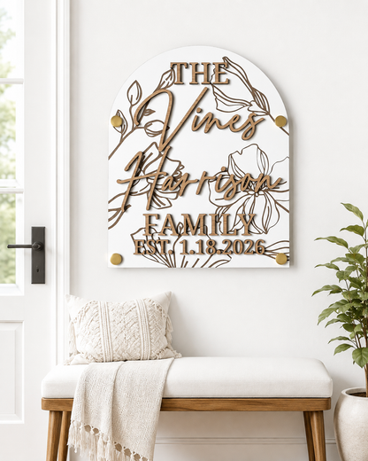 Luxury Floral Engraved Arch Family Name Sign
