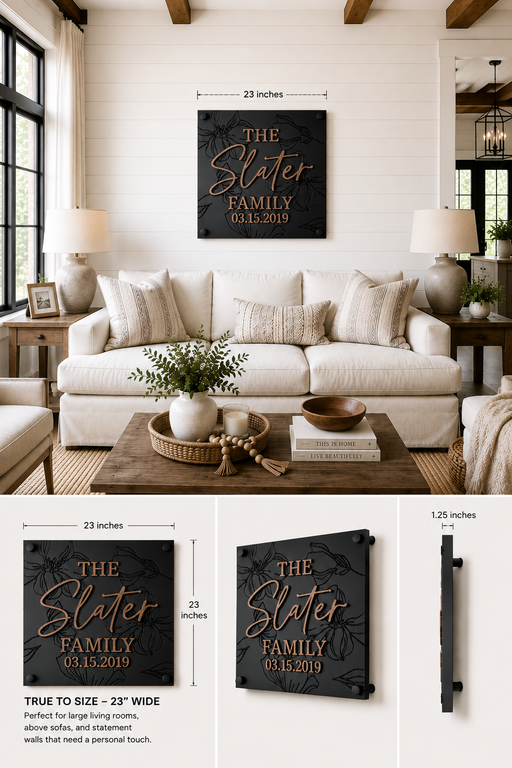 Luxury Modern Floral Engraved Square Family Sign