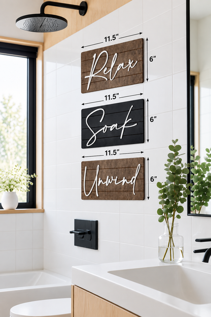 Bathroom wall shiplap panel with framed word signs: Relax, Soak, Unwind
