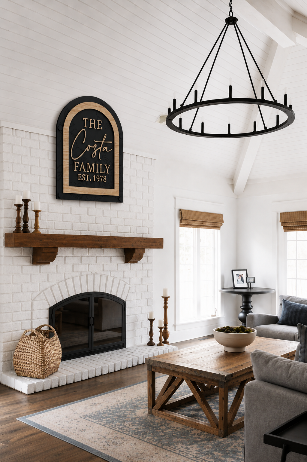Framed arch family name sign with gold The Costa Family Est. 1978 on black panel