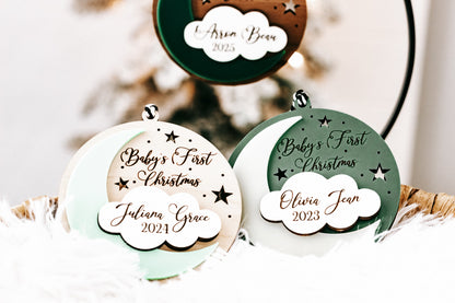 Three round ornaments: Aaron Bear 2025, Juliana Grace 2024, Olivia Jean 2023.