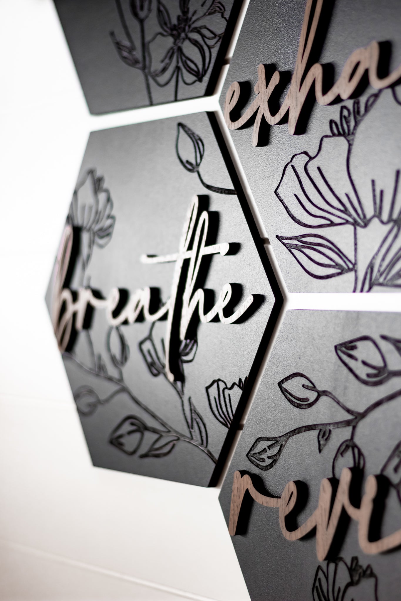 Lux Floral Engraved Hexagon Wooden Wall Art Set