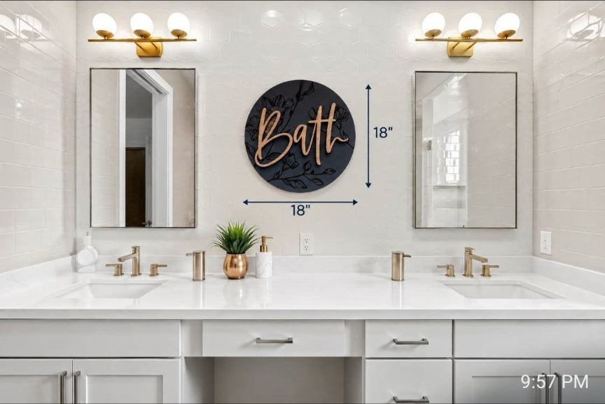 Engraved bath sign with cursive “Bath” text on round black plaque