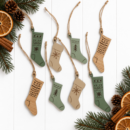 Engraved wooden stocking ornaments hanging with twine, green and wood tones on a white background