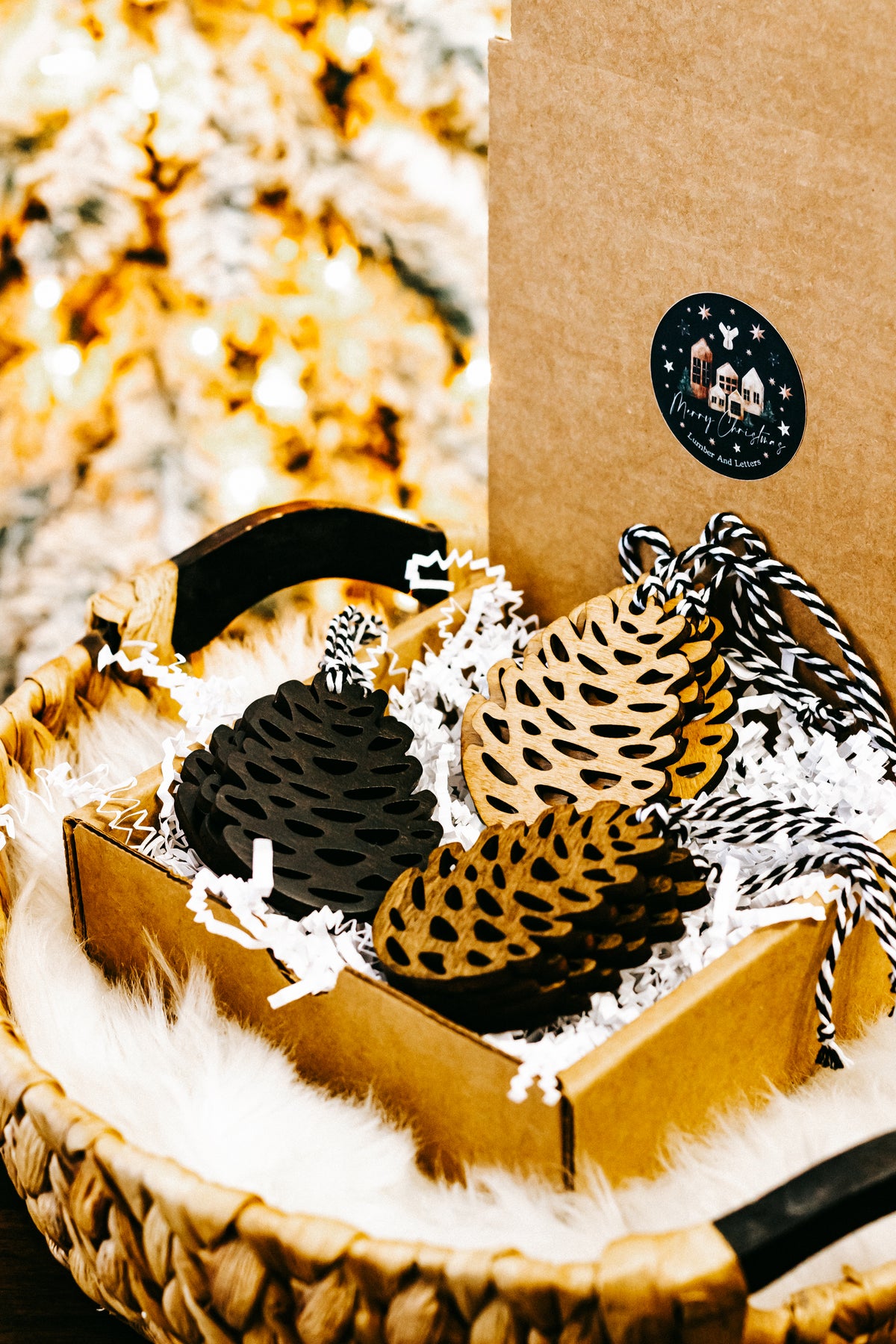 Hand-stained wooden pinecone ornaments: black and tan with hanging loops in tray