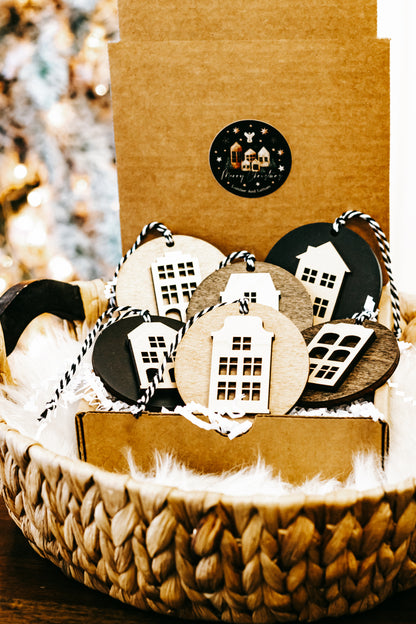 Layered wooden house Christmas ornaments with window details, hanging loop hooks