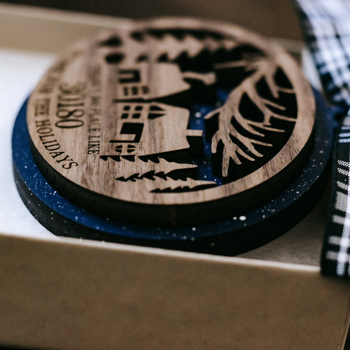 Round wood ornament close-up: blue edge trim and black house-and-tree cutout design