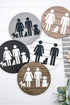 Round restroom sign with pet silhouettes, shown in multiple color circles (gray, tan, black)