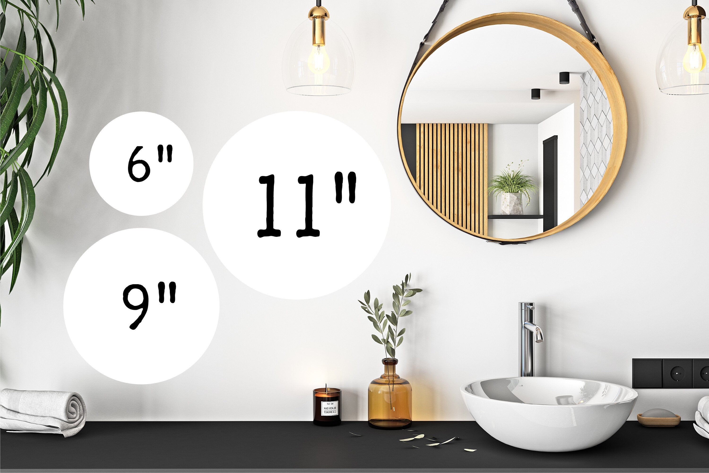 Bathroom wall size guide with round sign markers labeled 6 inch and 9 inch
